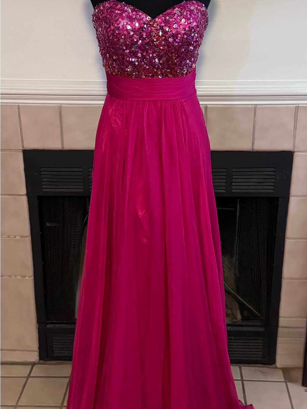 Bicici & Coty Brilliant Pink Strapless Gown with Chiffon Skirt & Sequin Bodice
